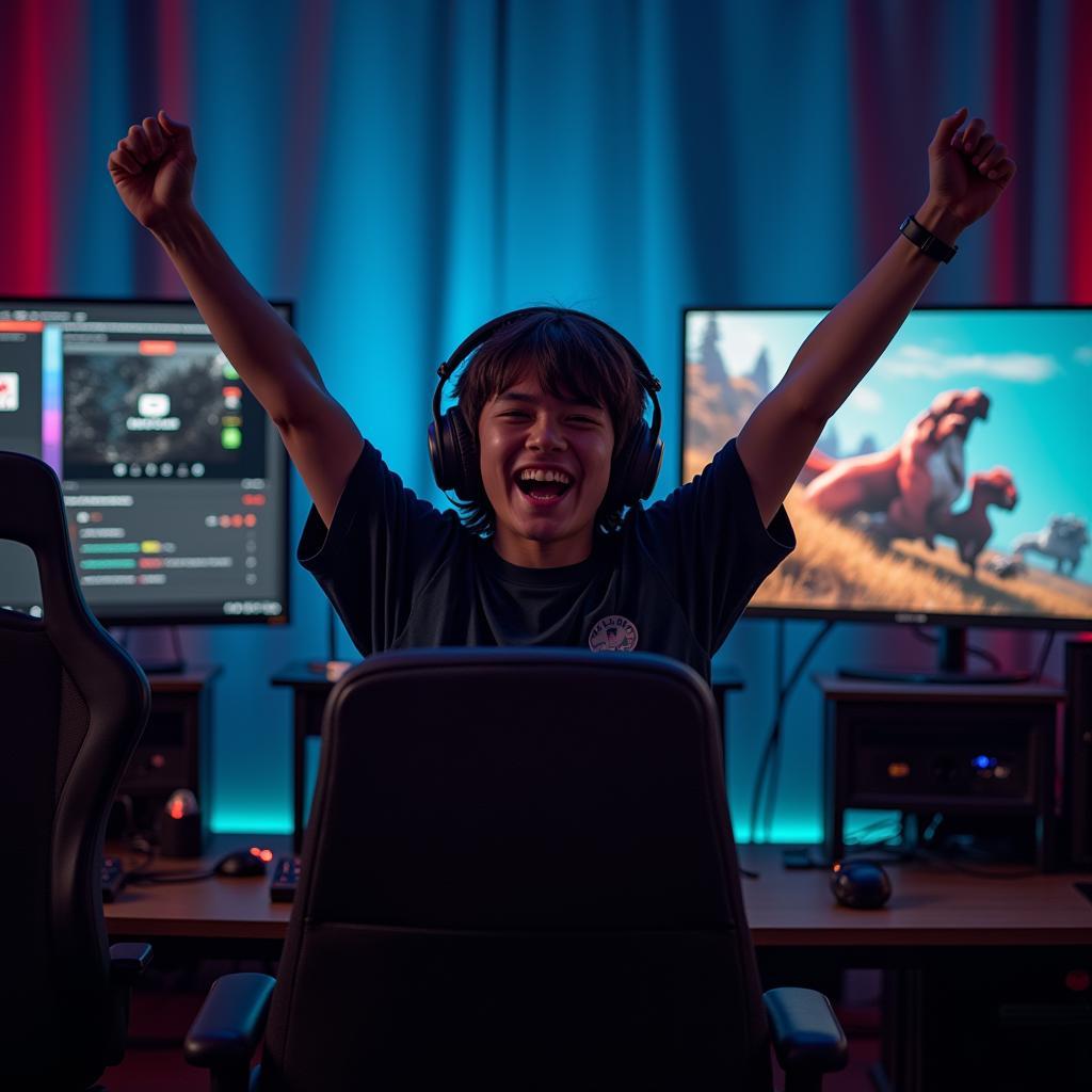 Gamer celebrating victory after achieving the ultimate sweat