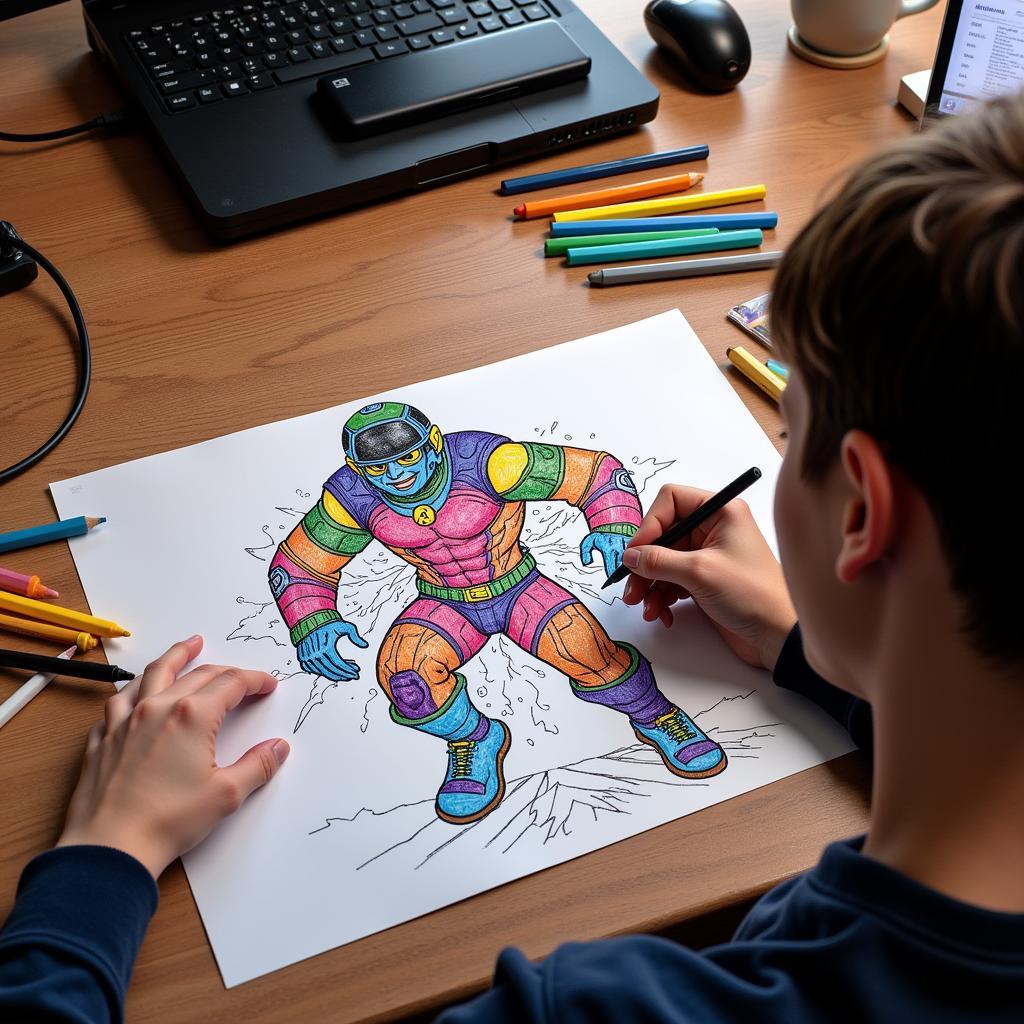 A Gamer Coloring a Video Game Character Coloring Page