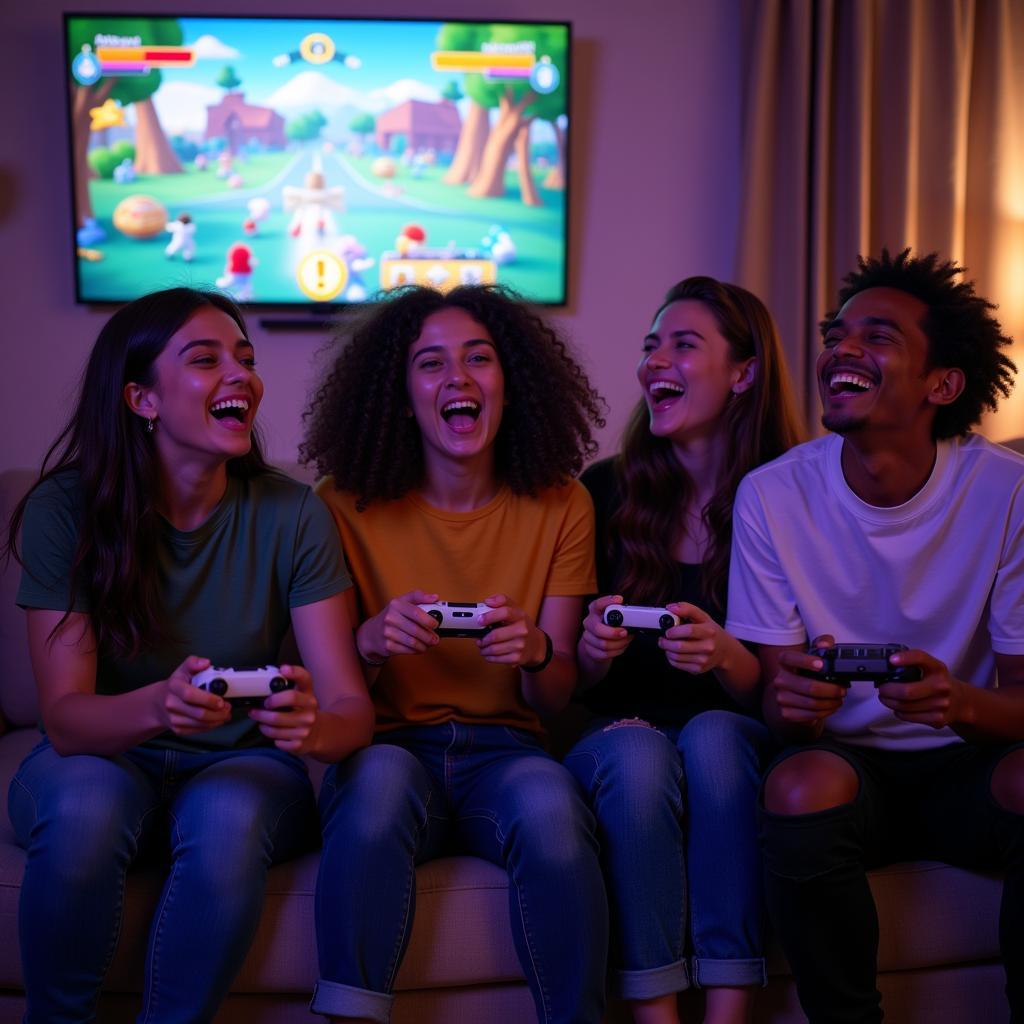 Friends laughing while playing video games together