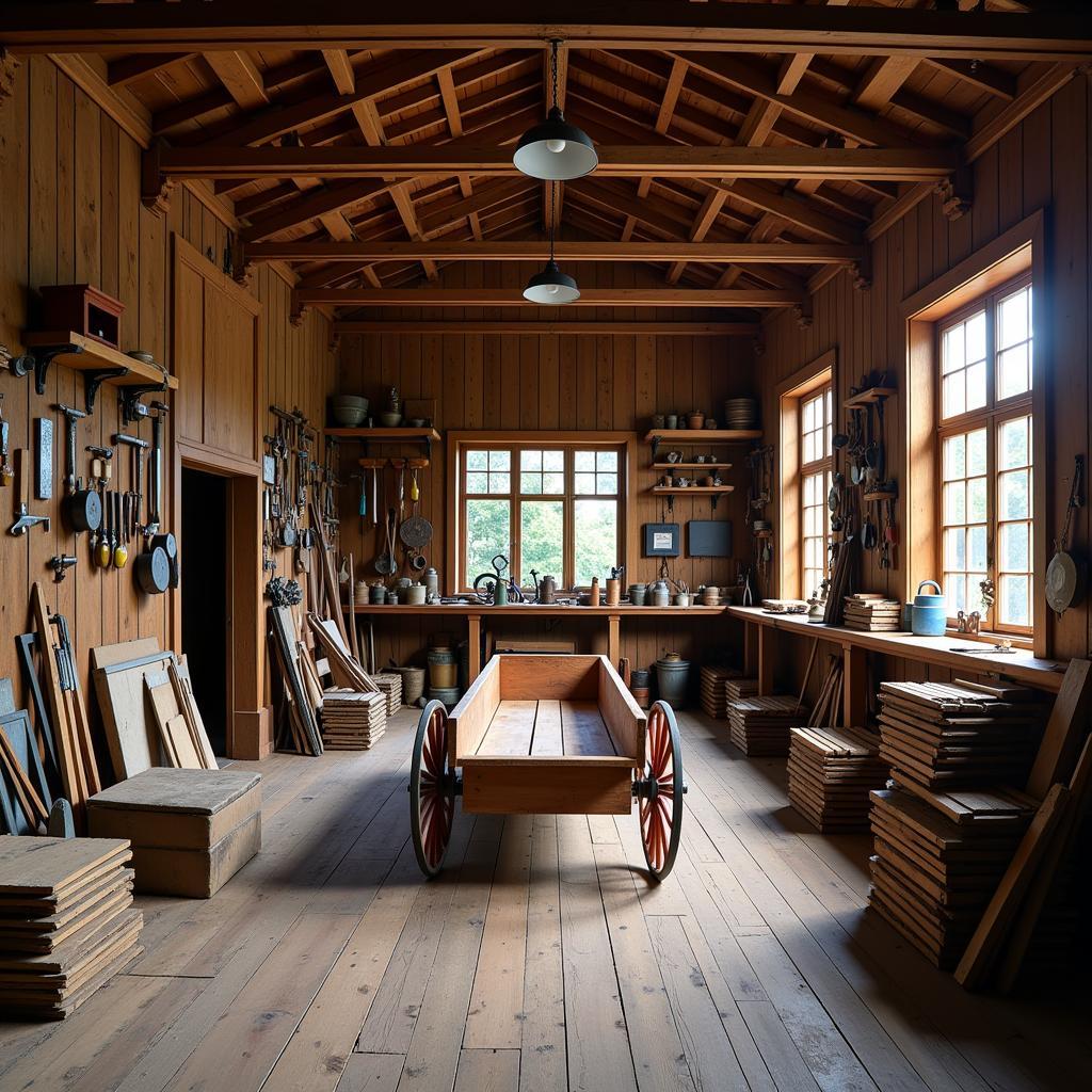 A traditional German wagon-maker's workshop, showing the tools and materials used in the craft.