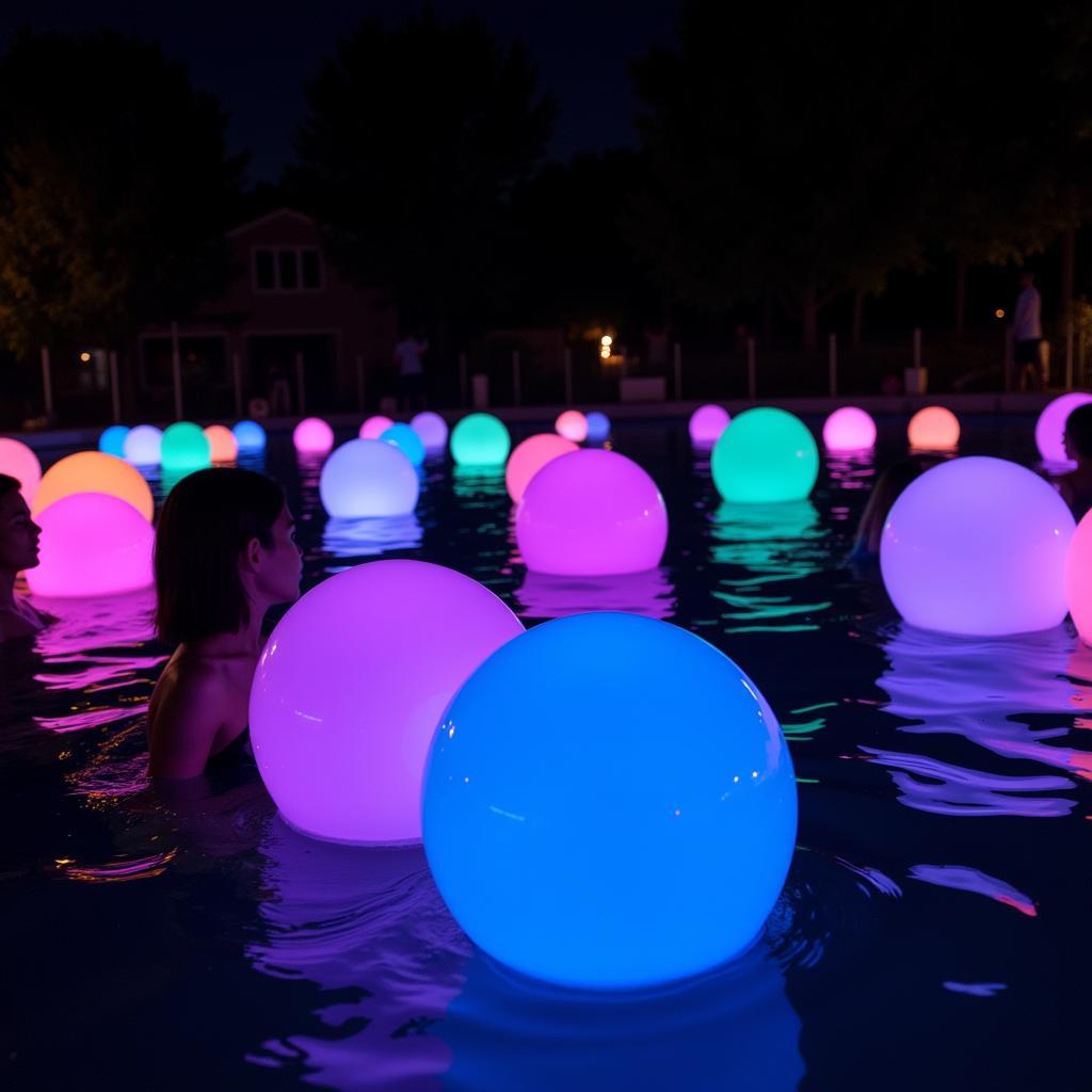 Glow balls illuminating a night swim