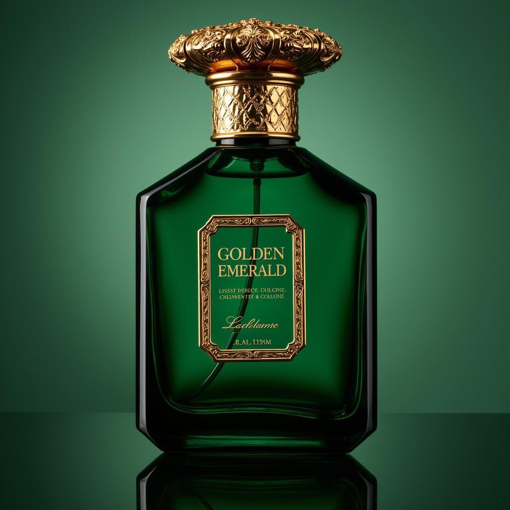 Close-up of the Golden Emerald Cologne bottle showcasing its elegant design and emerald green color