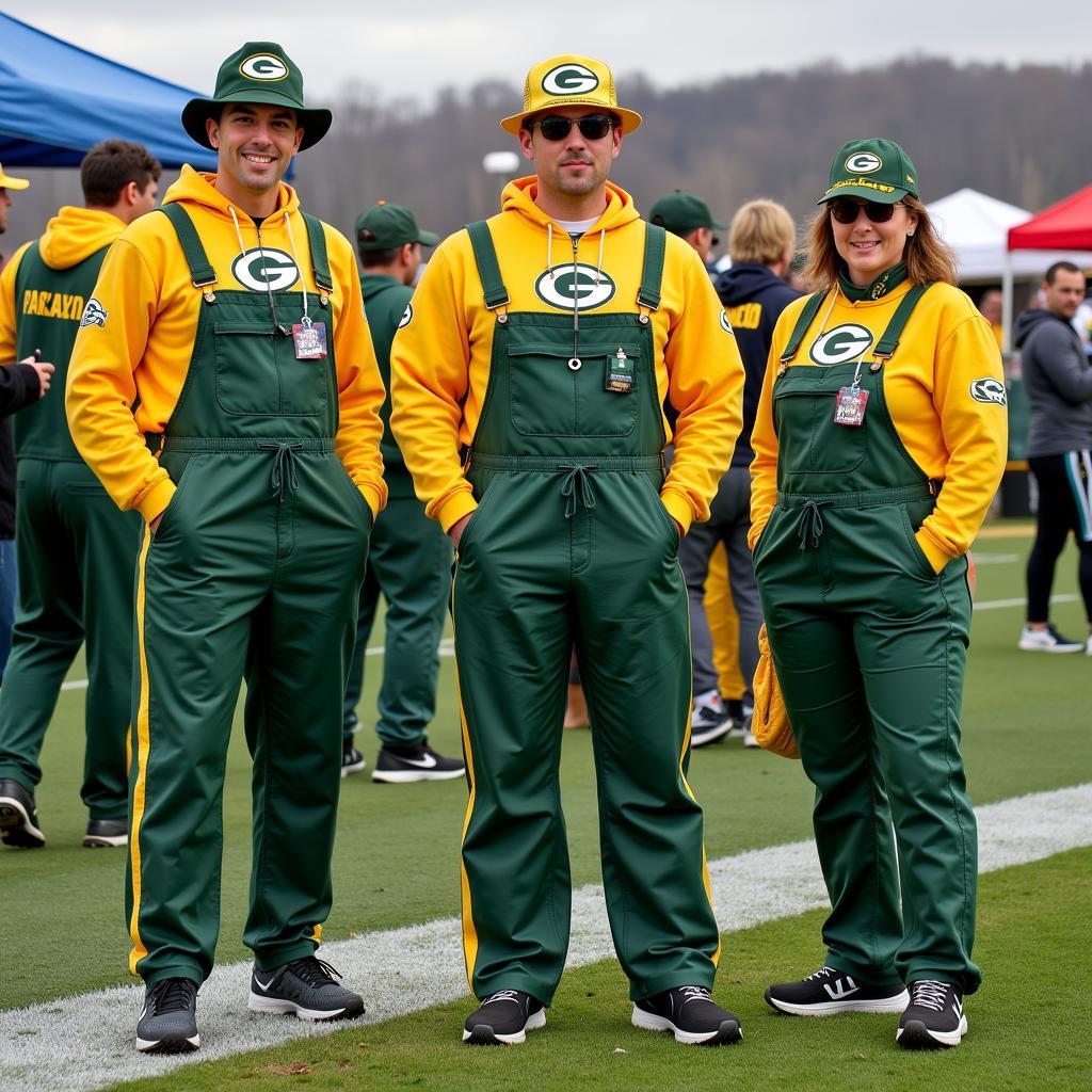 Fans wearing Green Bay overalls at a tailgate party