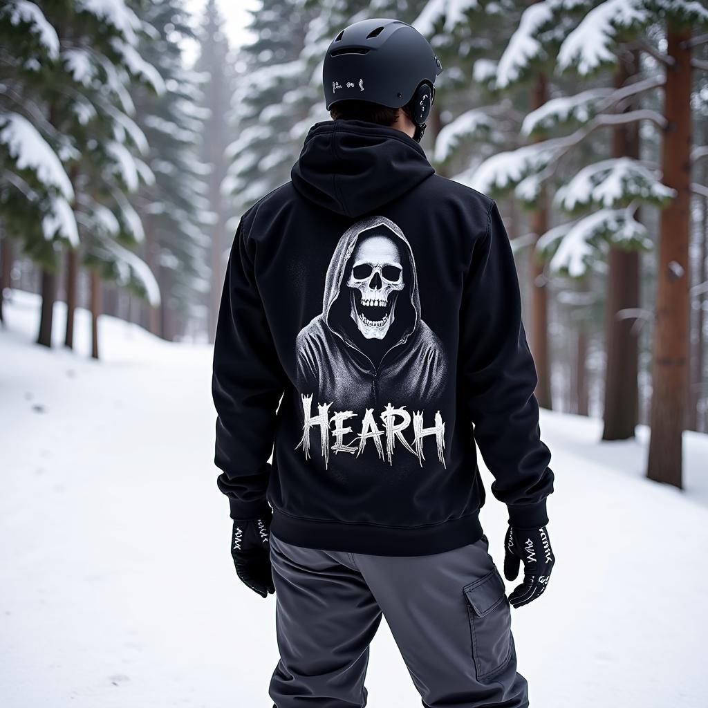 Snowboarder wearing grim reaper themed apparel