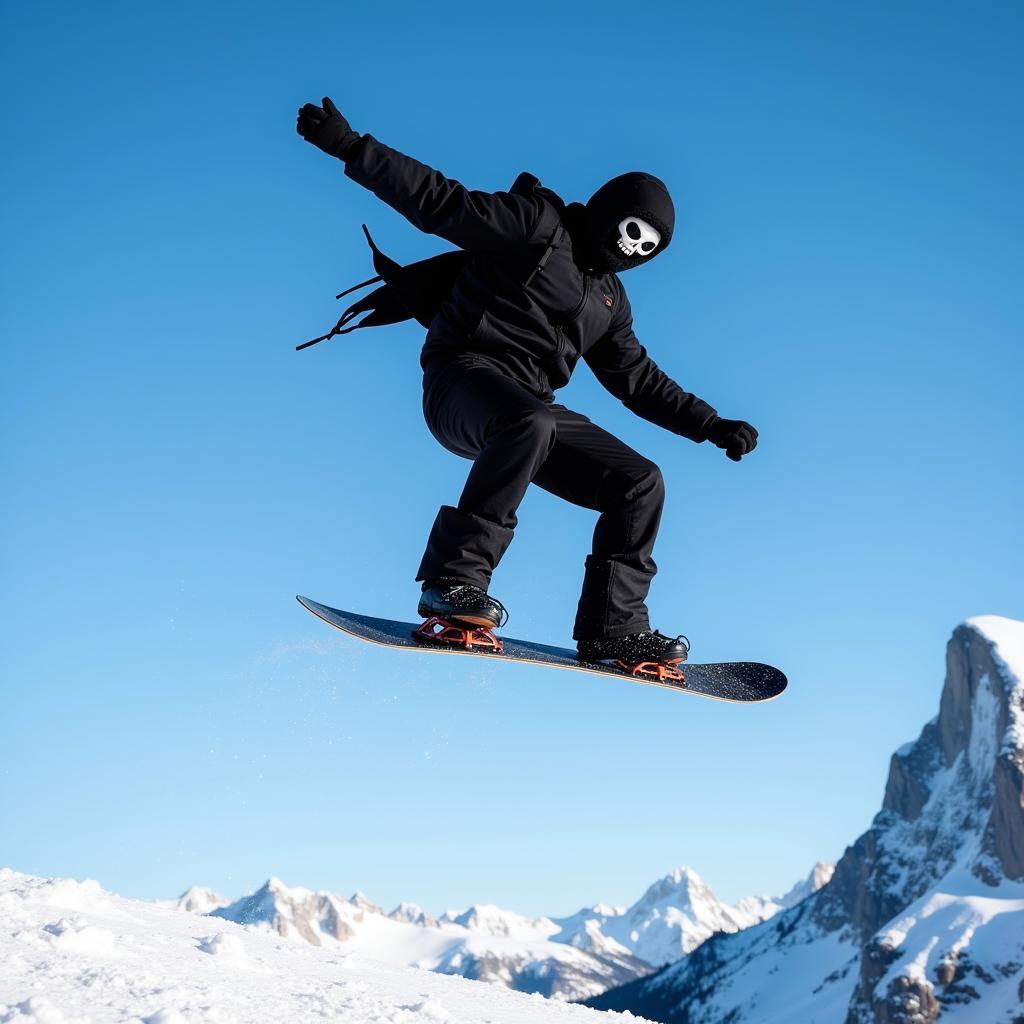 Snowboarder performing a trick in grim reaper style gear