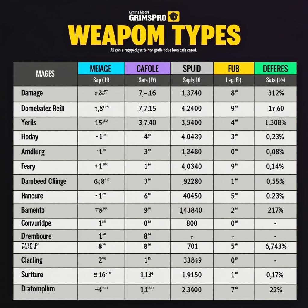 Grims Pro weapon comparison chart: showcasing the stats and attributes of various weapons in the game.