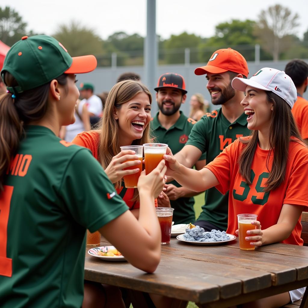 A group of friends wearing various Miami Hurricanes apparel, smiling and cheering at a tailgate party.