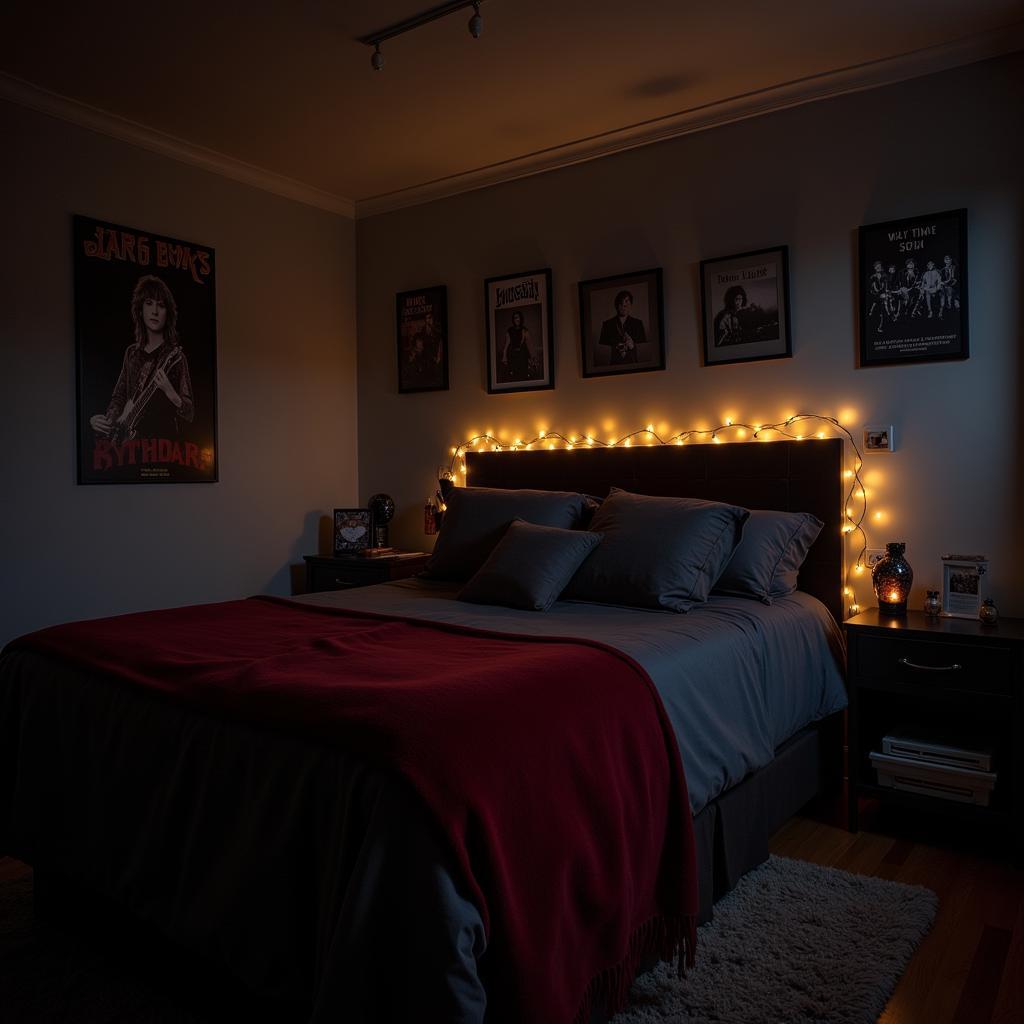 Grunge Bedroom Decor Inspiration: A dimly lit bedroom with dark bedding, layered throws, and band posters on the walls, creating a cozy and rebellious atmosphere.