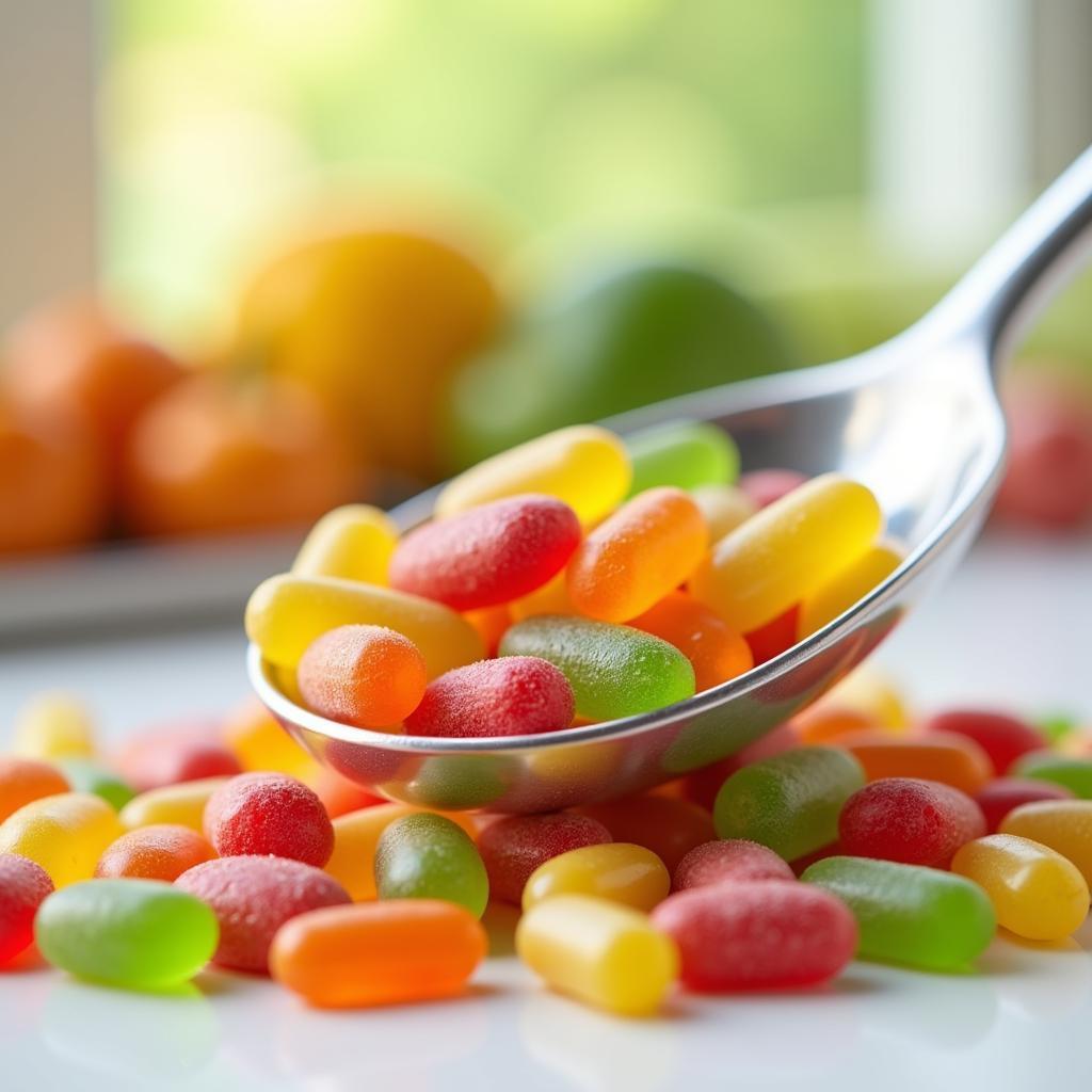 Gummy vitamins on a spoon