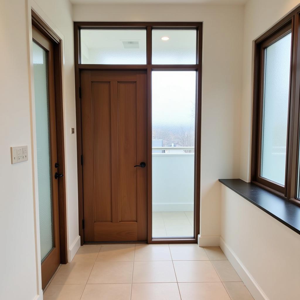 Elegant entryway with a half wall and glass