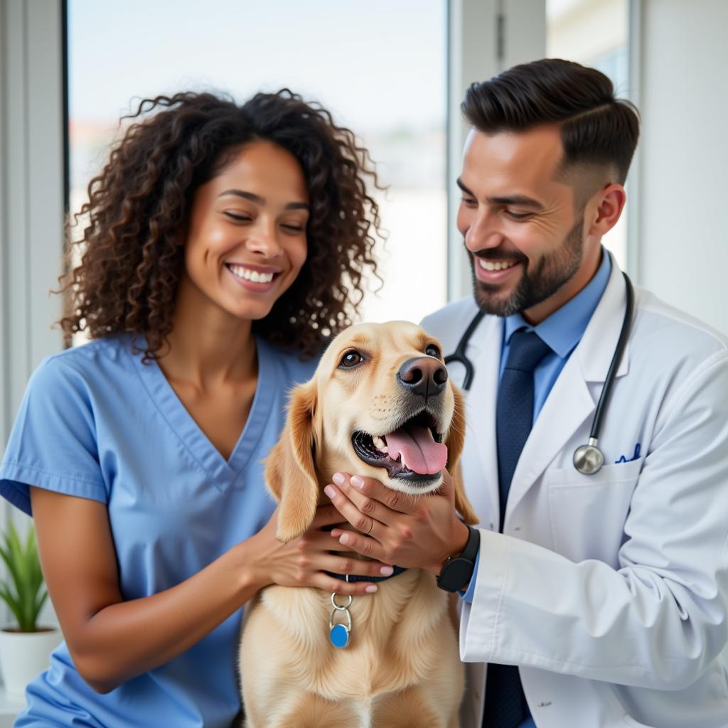 Happy pet owner with their dog and veterinarian in Granite Falls