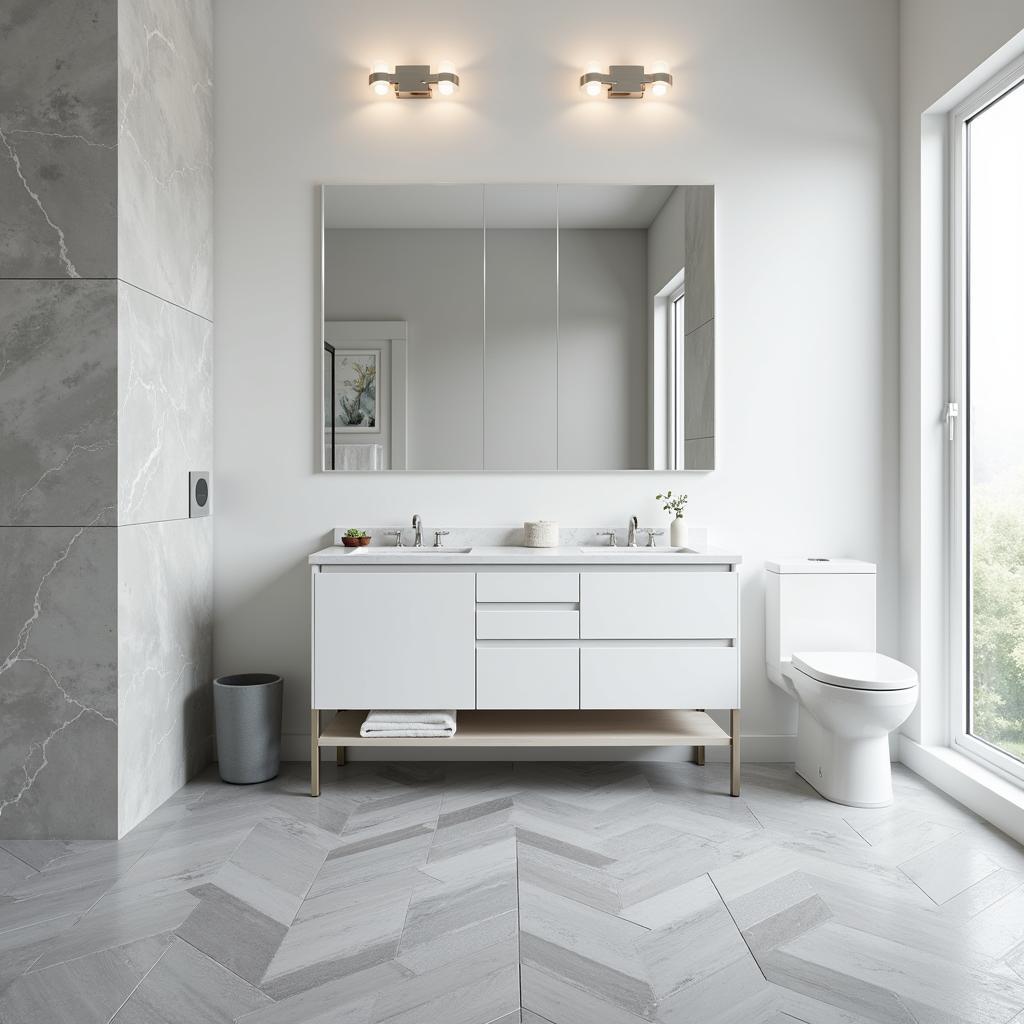 Herringbone tile floor in a contemporary bathroom