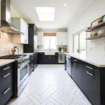 Herringbone tile floor in a modern kitchen