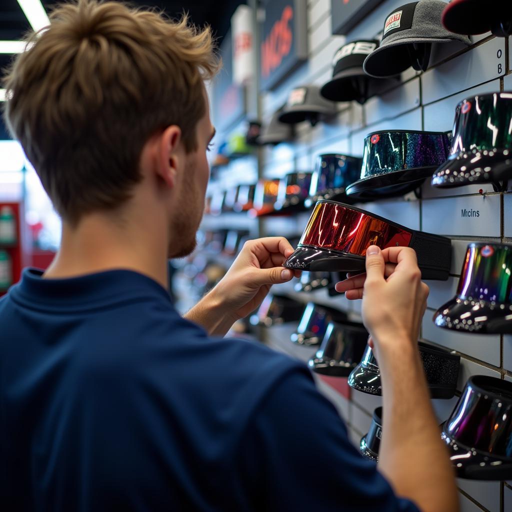 A hockey player carefully selecting a mirrored visor in a sports shop.