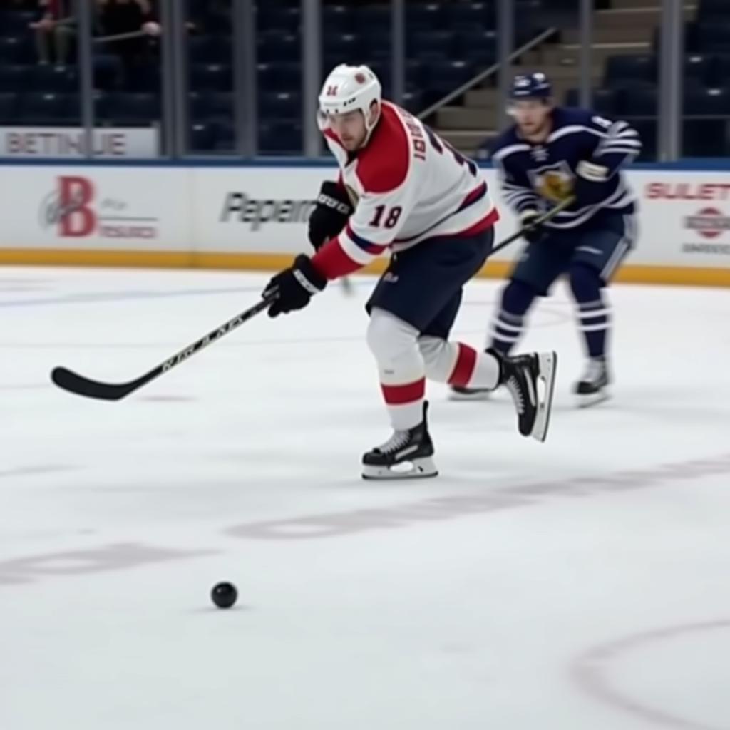 A hockey player taking a powerful slap shot