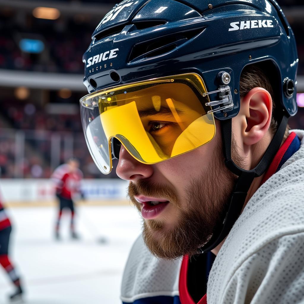 Hockey player wearing a tinted visor during a game