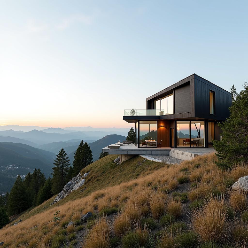 A modern house perched on a hilltop overlooking a sprawling valley with a panoramic view