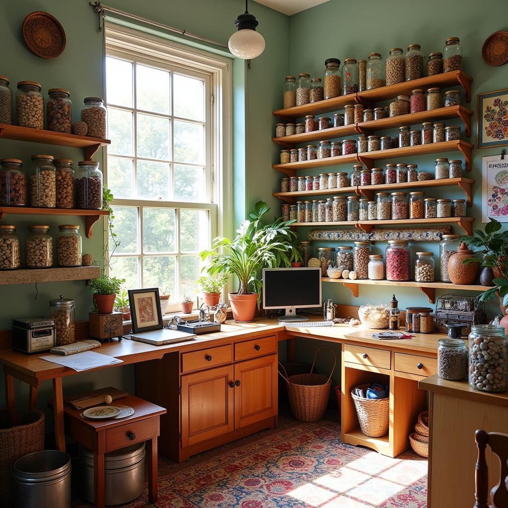 A craft room filled with jars of colorful buttons, showcasing various shapes, sizes, and materials.