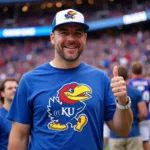 Kansas Jayhawk Fan Wearing Hat and T-shirt