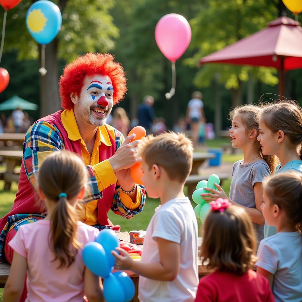 A clown entertaining children at a birthday party