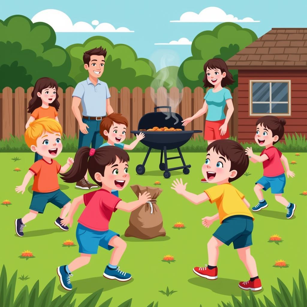 Children enjoying sack races and other backyard games at a barbecue.