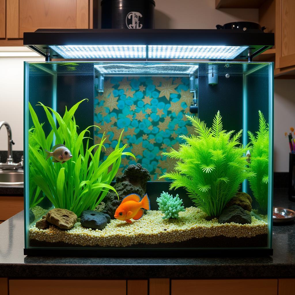 Kitchen Counter Aquarium with Colorful Fish and Plants