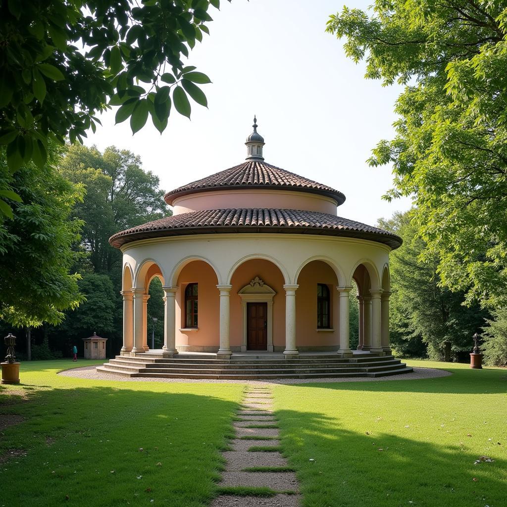 Exterior view of La Rotonda, showcasing its symmetrical design and surrounding landscape.