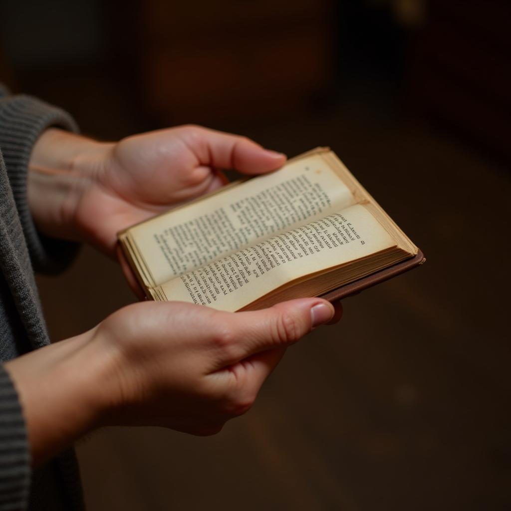 A well-loved, small book held in someone's hands