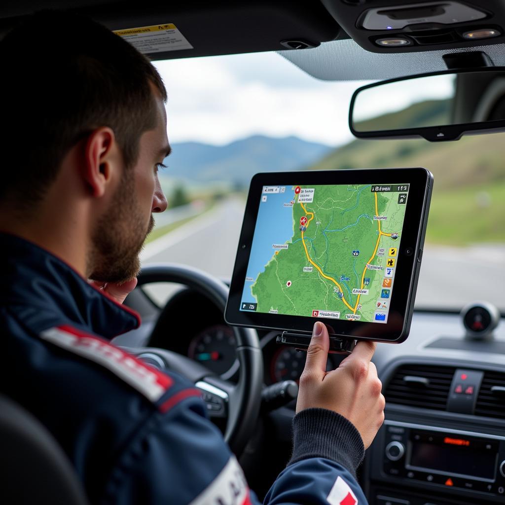 Live Dirt Updates in Off-Road Racing: A driver checks his tablet for real-time track conditions during a rally race.