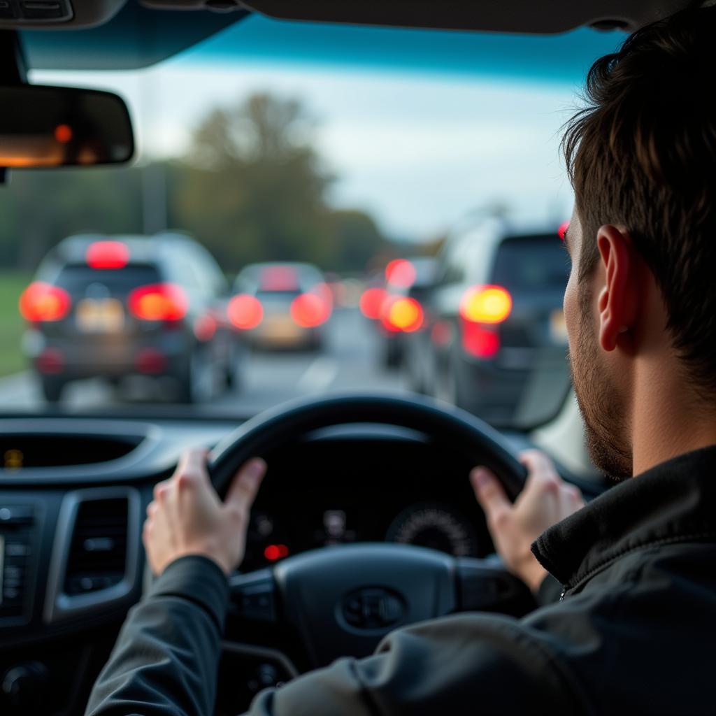 A stressed driver stuck in traffic during a long commute.