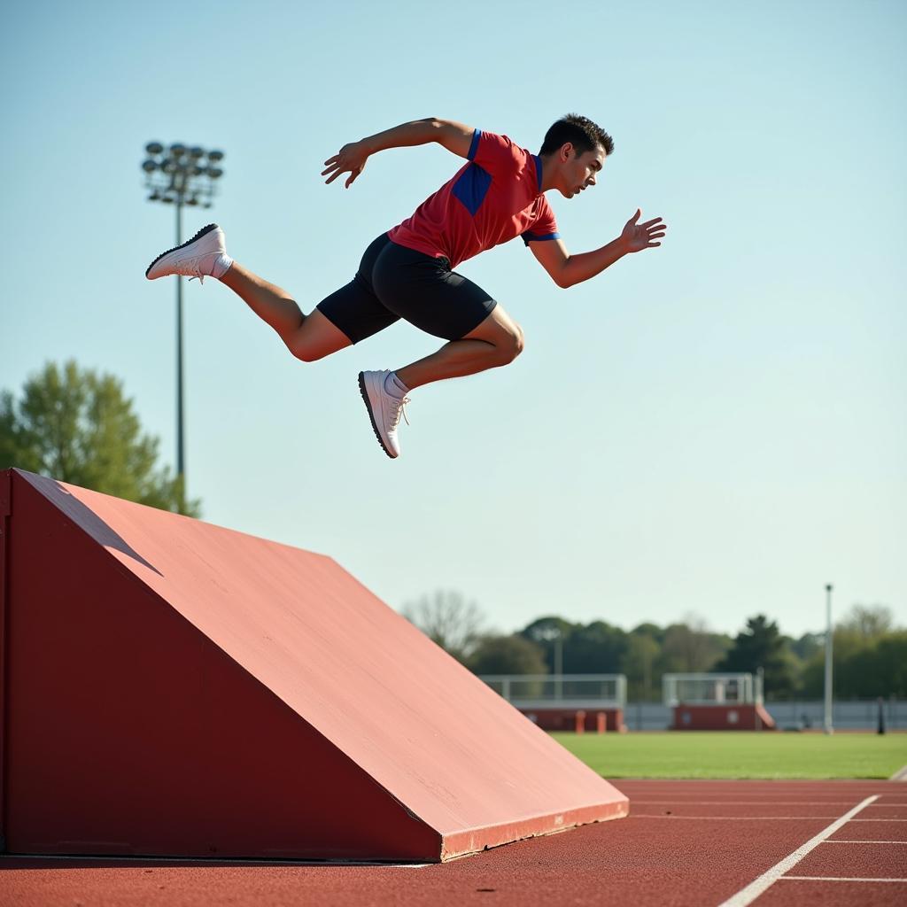 Athlete taking off from a long jump ramp