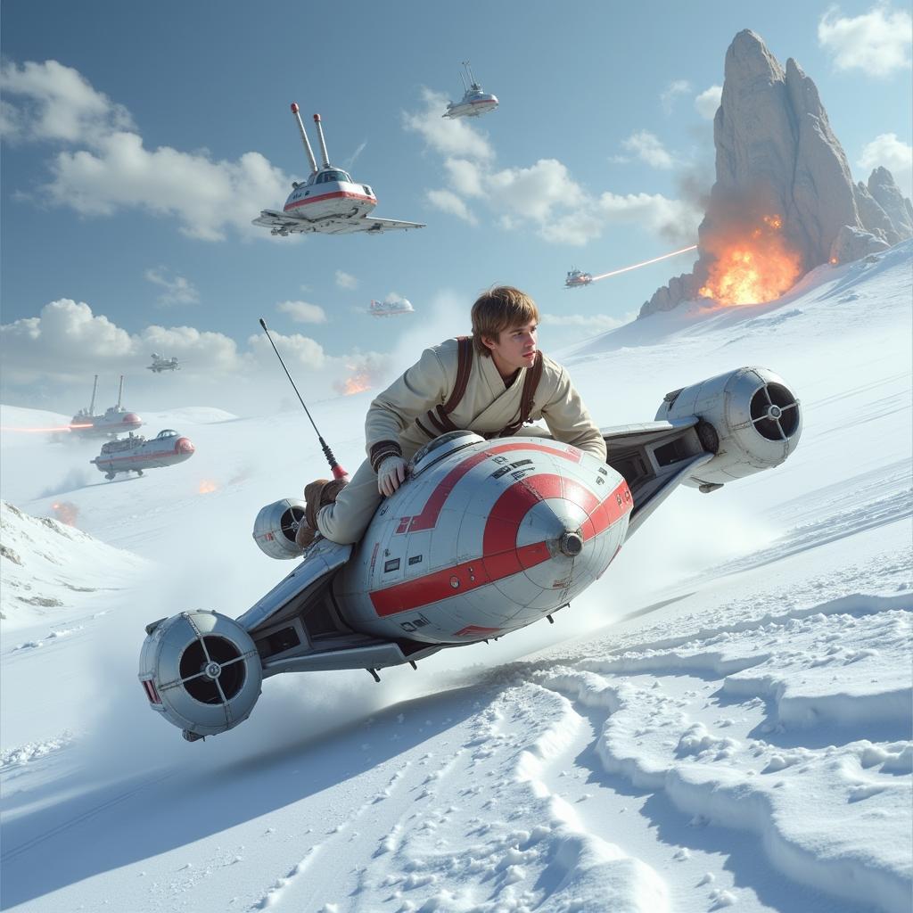 Luke Skywalker piloting his snowspeeder on Hoth