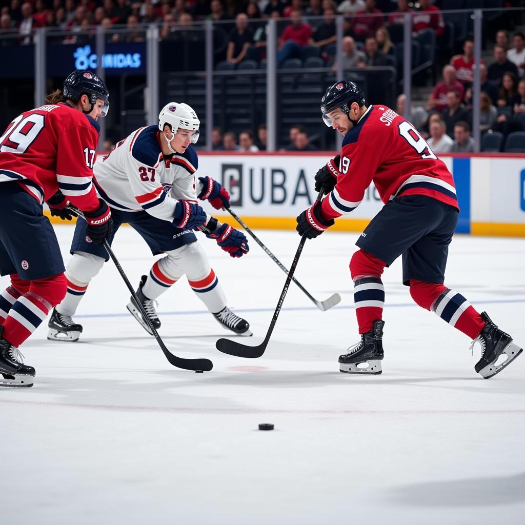 Fast-paced magnetic hockey game action.