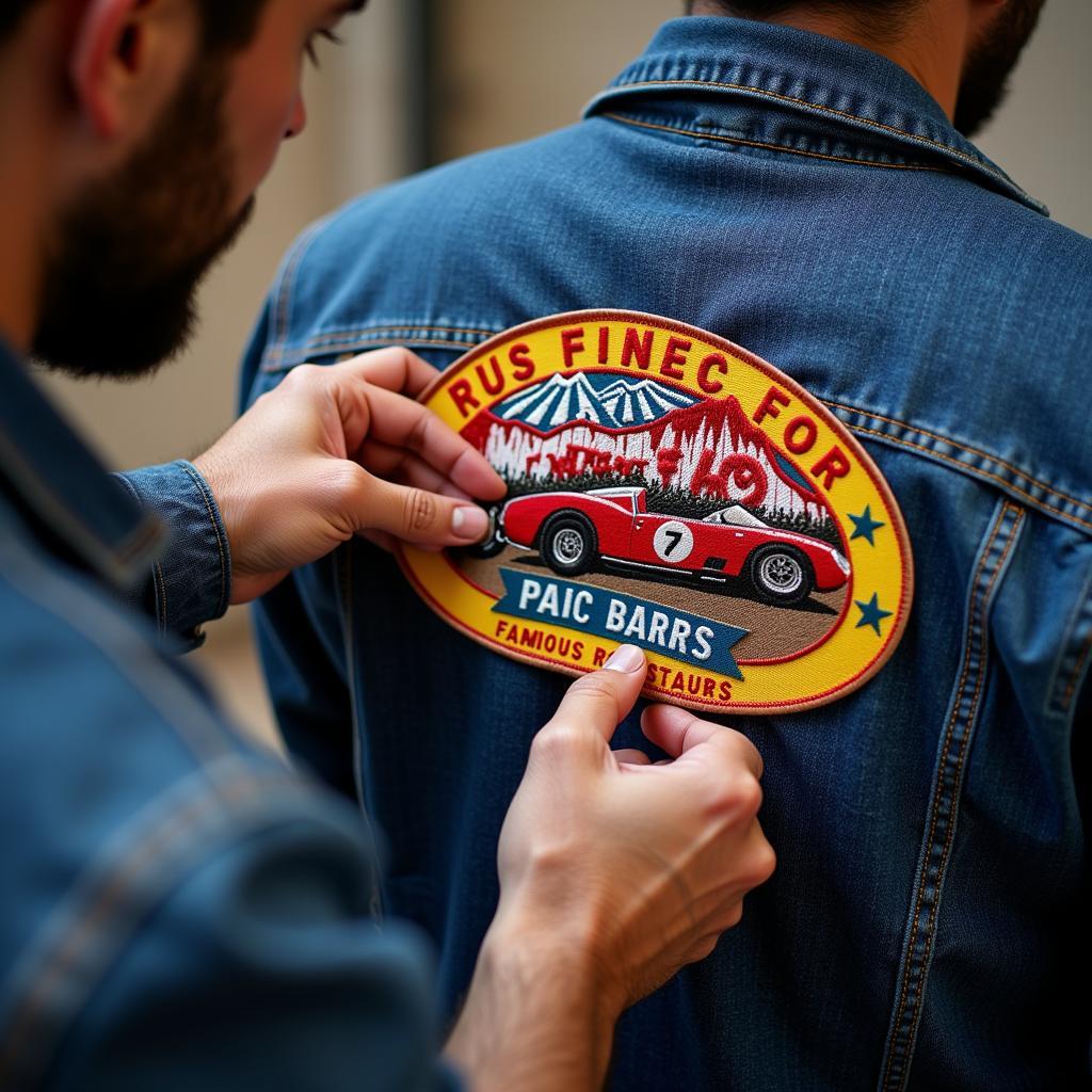 Man carefully sewing a vintage racing patch onto a denim jacket.