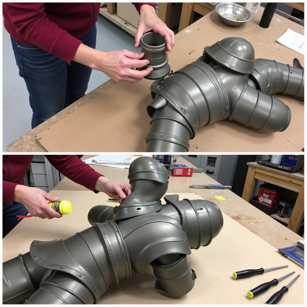 A person working on assembling a Mandalorian armor kit, using tools like sandpaper and glue.