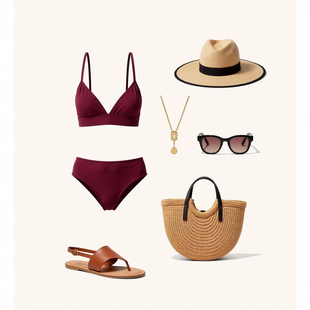 Accessorizing a Maroon Bathing Suit: Hat, Sunglasses, Jewelry