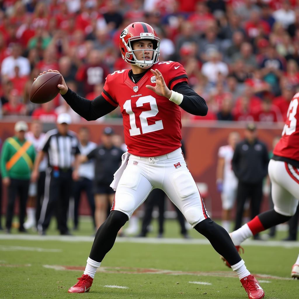 Mason Rudolph throwing a football during an NFL game, demonstrating his arm strength and throwing mechanics.