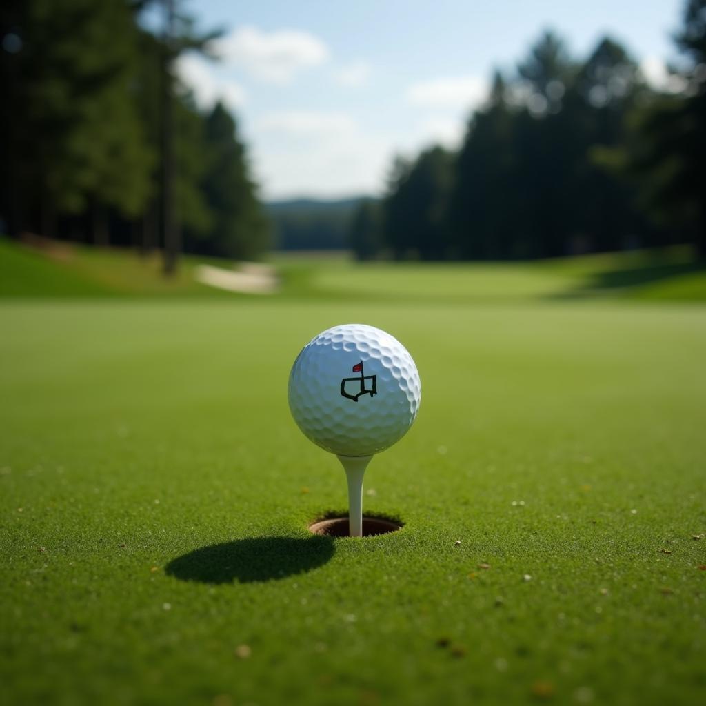 Masters golf ball placed on a tee ready for a powerful drive.