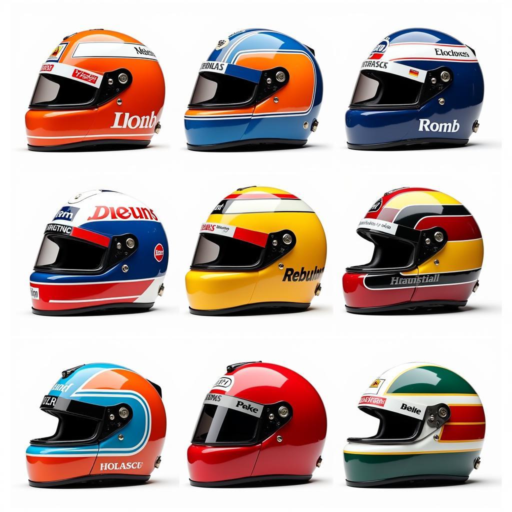 A collection of McLaren helmets from different eras.