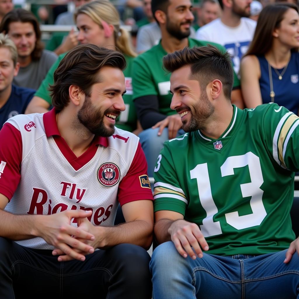 Two fans, previously strangers, chatting enthusiastically during a game break.