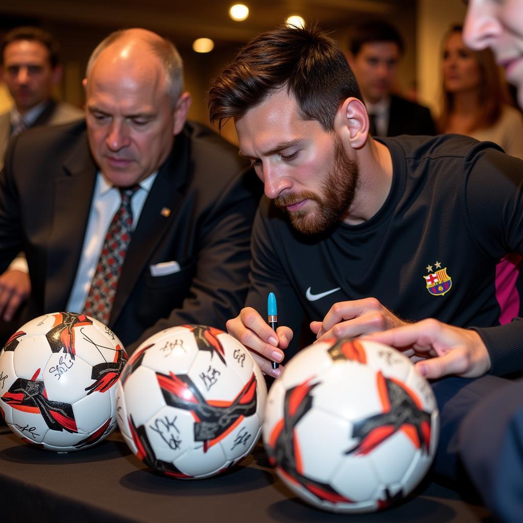 Lionel Messi signing soccer balls for fans and collectors.