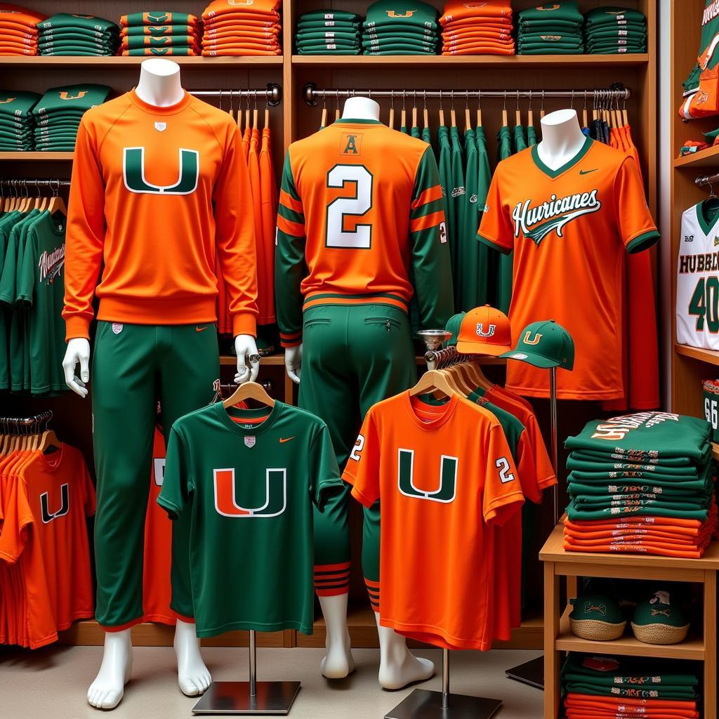 A wide variety of Miami Hurricanes football apparel displayed on mannequins and shelves in a fan shop.