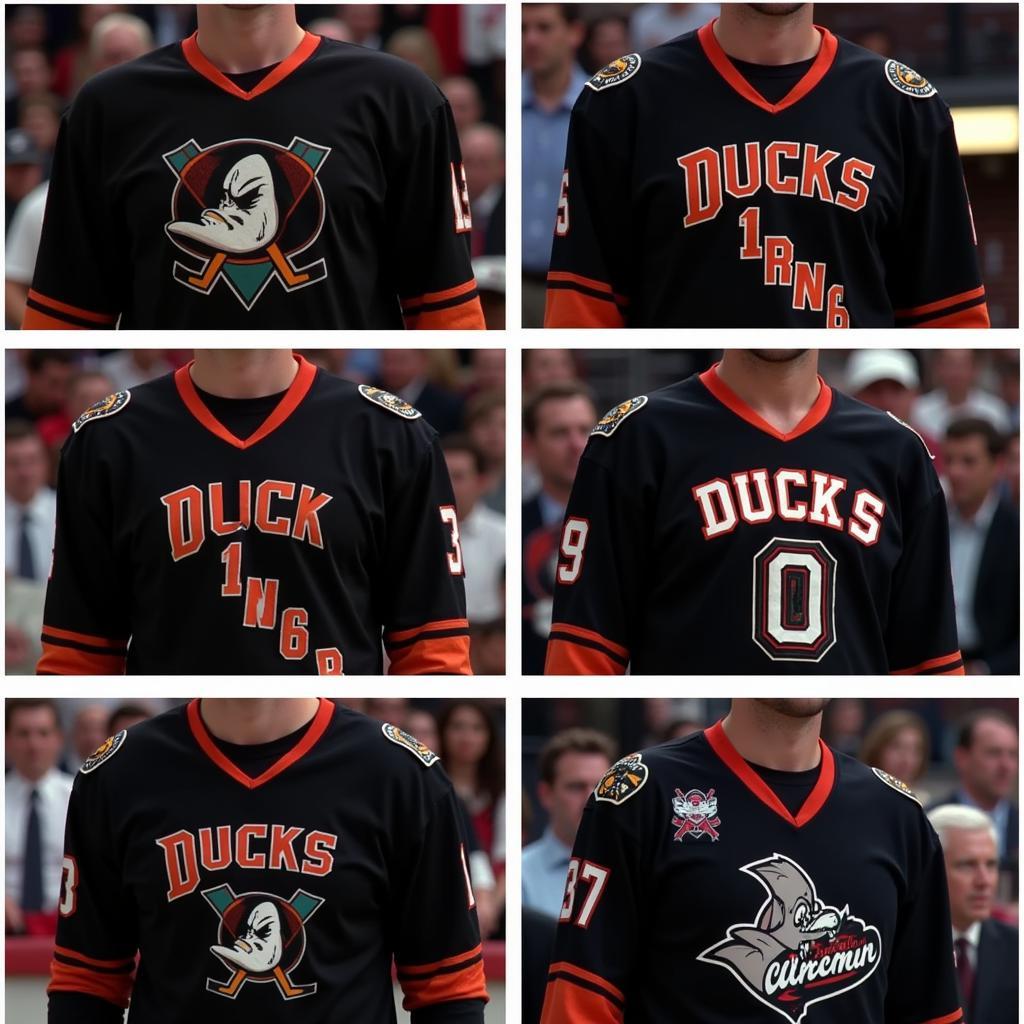 Evolution of the Mighty Ducks jersey design throughout the movie trilogy, depicted using stills from each film.