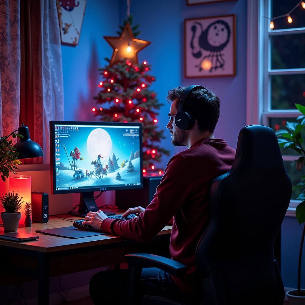 Gamer sitting at a messy desk surrounded by controllers and snacks, looking stressed.