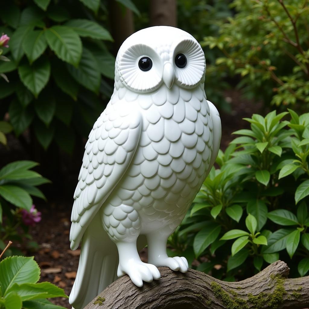 Modern White Owl Statue in a Garden Setting