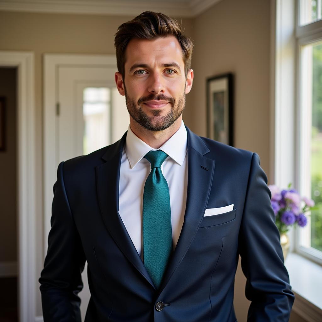 A man wearing a navy suit and teal tie at a wedding