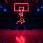 Neon Sports Signs Illuminating a Basketball Court