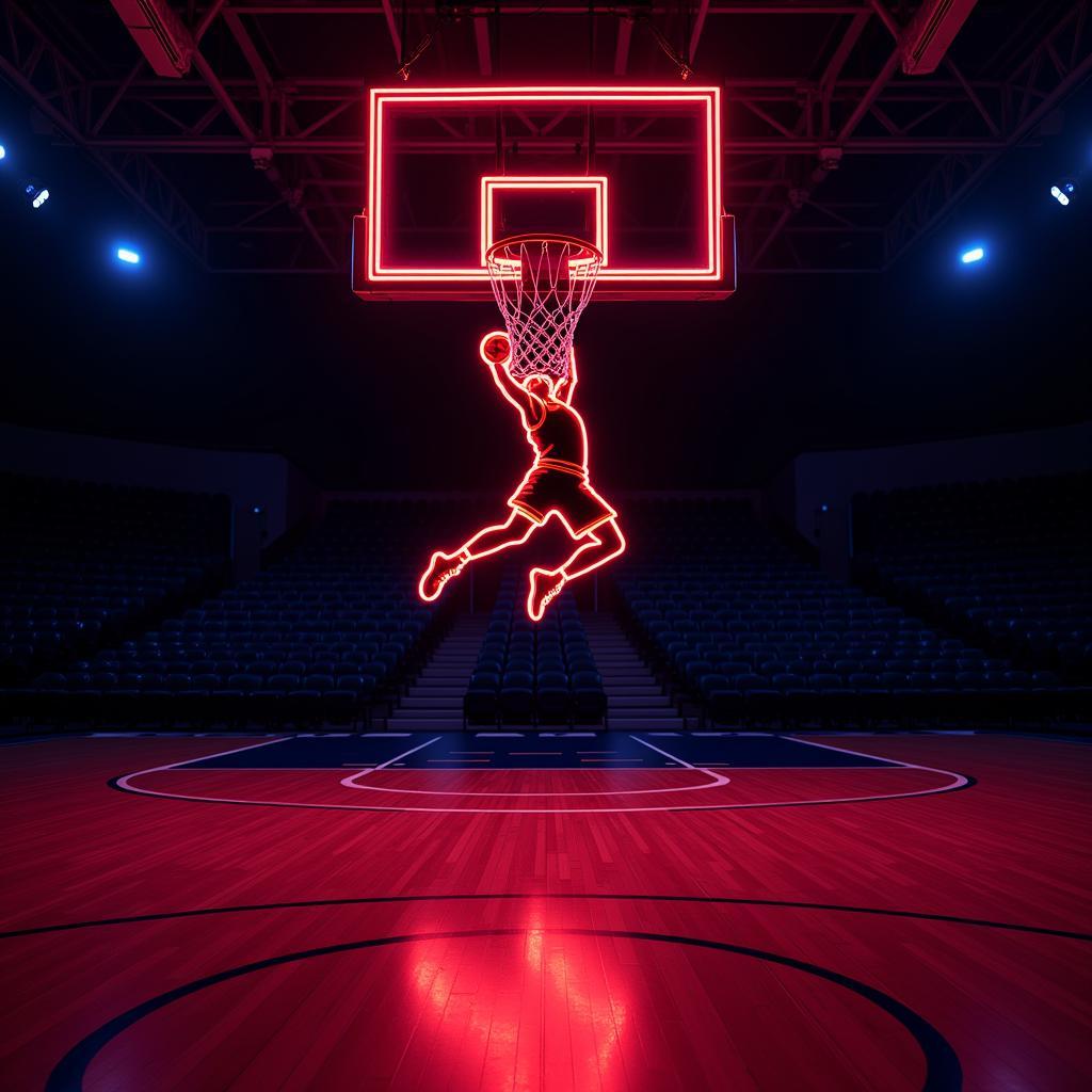 Neon Sports Signs Illuminating a Basketball Court