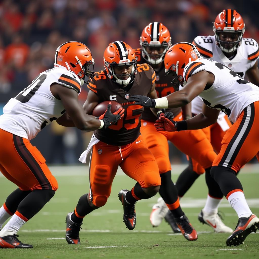 Nick Chubb breaks through the defensive line for a significant gain.