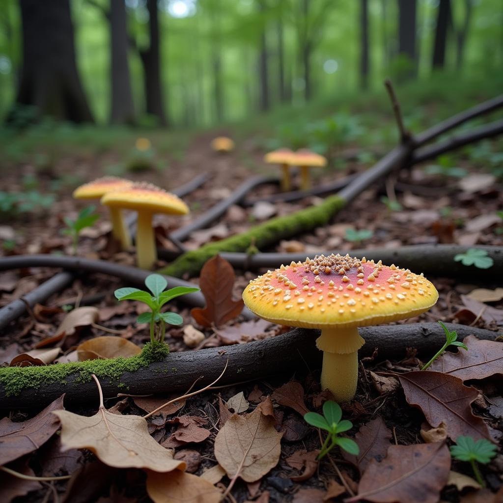 A forest ecosystem without the presence of mushrooms, showcasing the potential impact on decomposition and nutrient cycling.